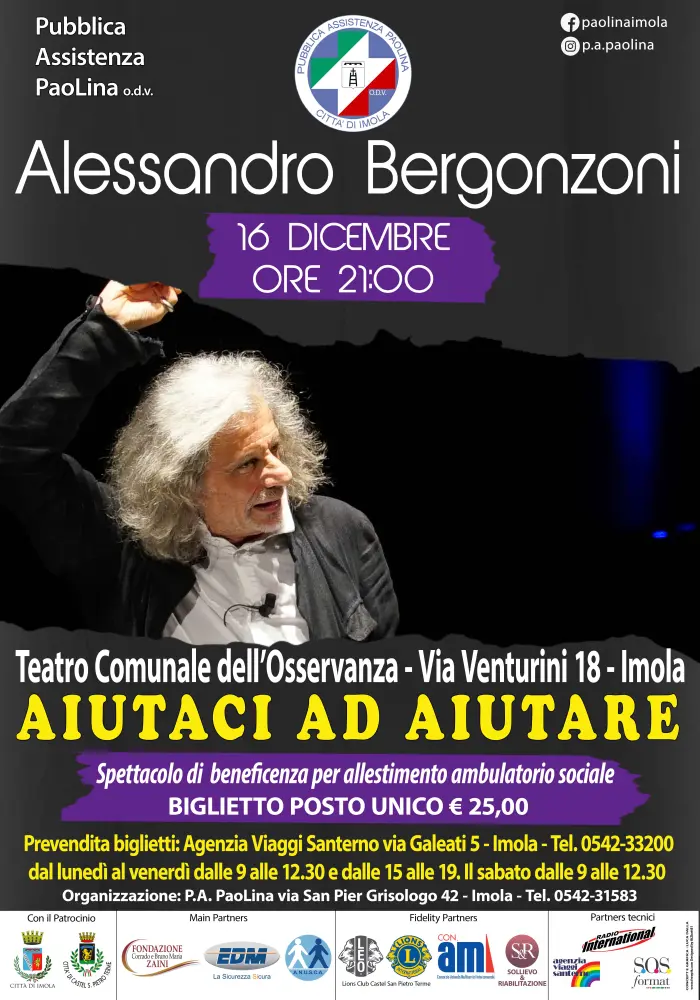 Sabato 16 a Imola: Alessandro Bergonzoni in "Aiutaci ad aiutare", spettacolo a favore di P.A.Paolina