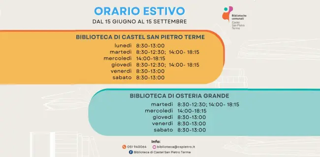 Da lunedì 16 giugno parte l’orario estivo  delle Biblioteche comunali