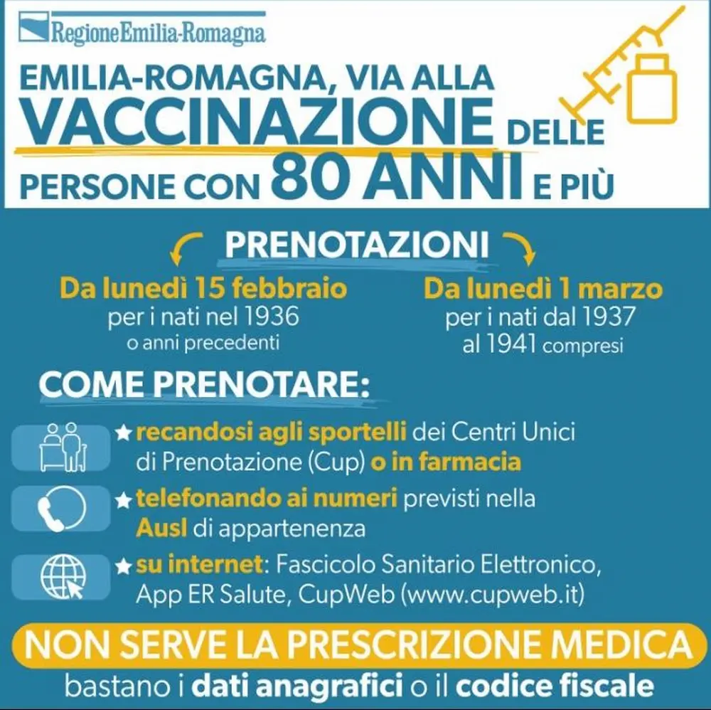 Vaccinazioni Covid-19: dal 15 febbraio prenotazioni per chi ha 85 e più anni, dal 1 marzo 80-84 anni